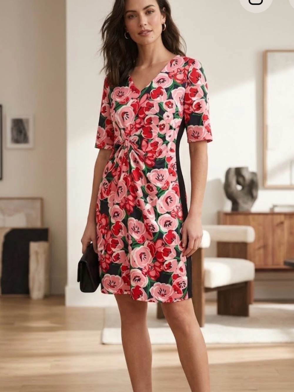 Lesley Evers Small Floral Poppy Dress Twist Waist Colorblock Dress Size xs